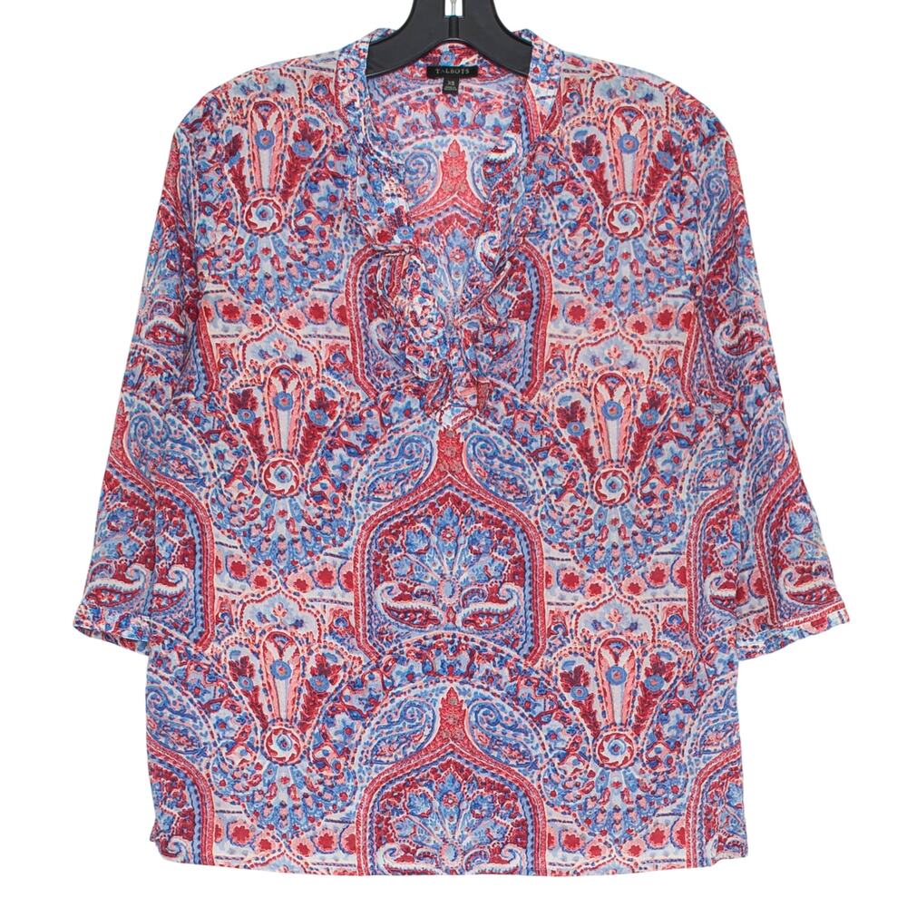 Talbots Top 3/4 Sleeve Abstract Boho Cottage Preppy Artsy Resort Red Blue Sz XS